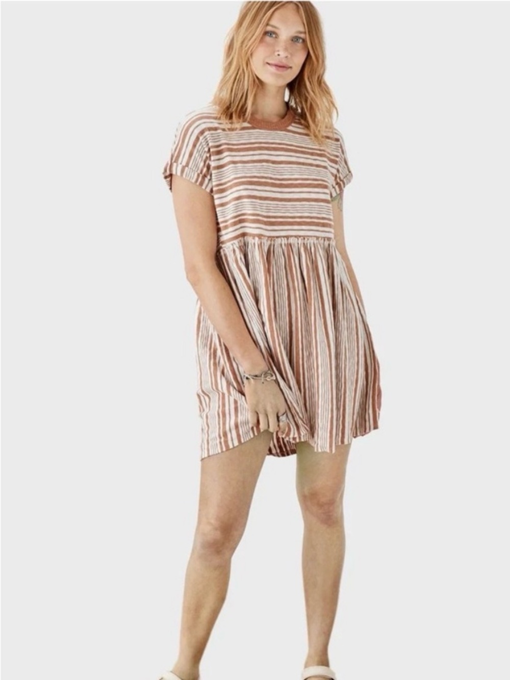 AE Striped Knit Short Sleeve Babydoll Dress in Cream and Brown